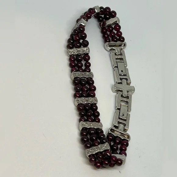 Vintage Marcasite, silver and Red Garnet Triple Row Beaded Bracelet - Picture 3 of 11